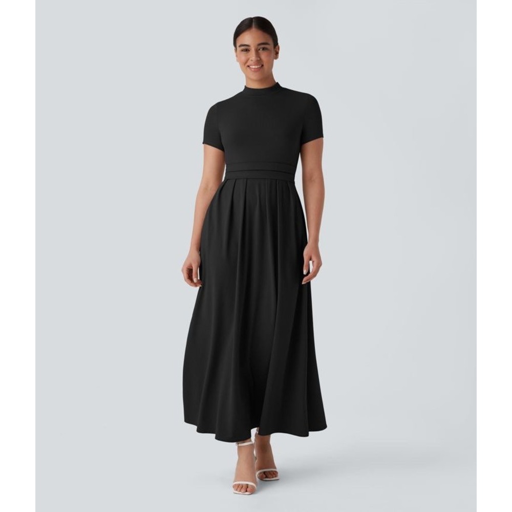 Halara Black Mock Neck Short Sleeve Pleated Maxi Dress with Pockets Size M